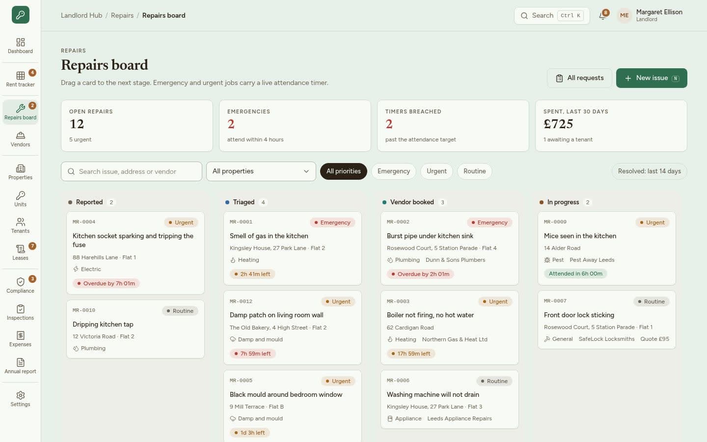 Landlord Hub: Repairs board