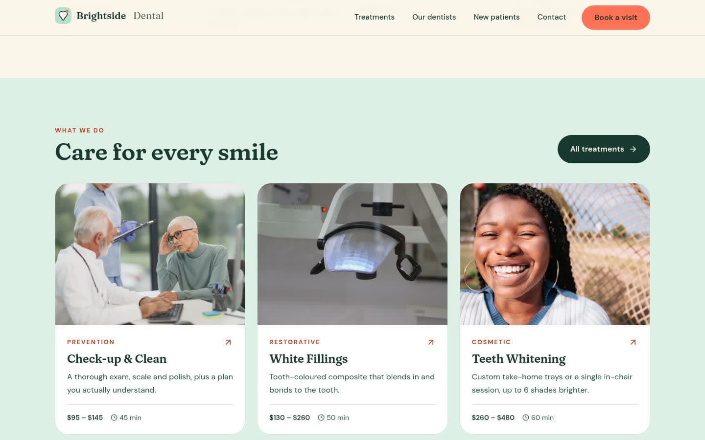 Brightside Dental: Treatments and trust signals