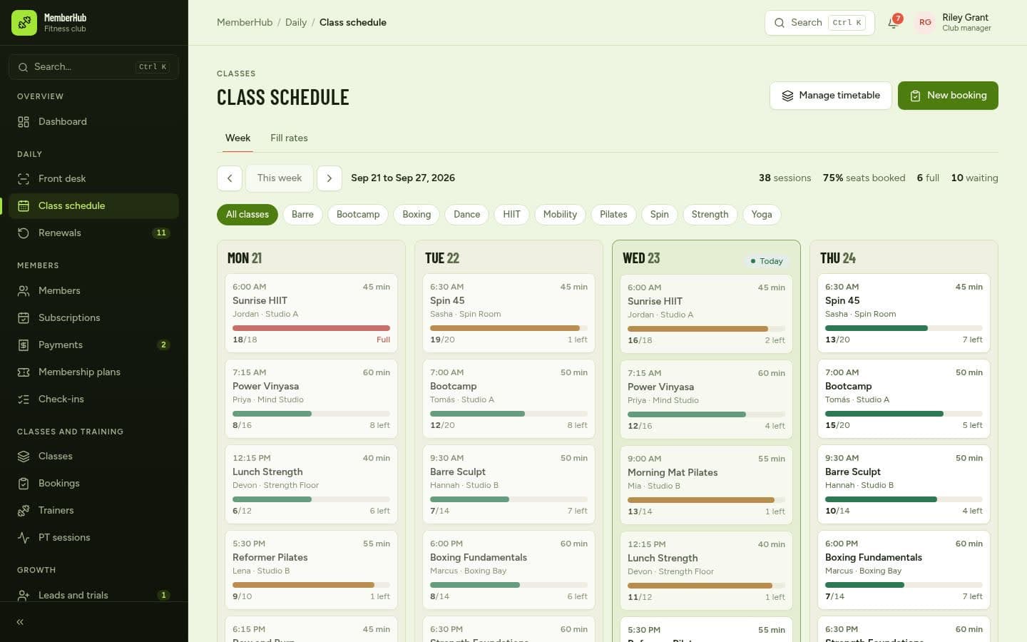 MemberHub: Class schedule
