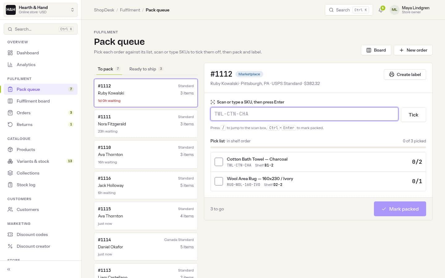 ShopDesk: Pack queue